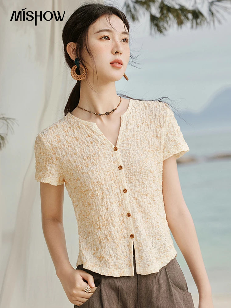 Mishow V-Neck Print Knit Slim Tee MXE31Z1234