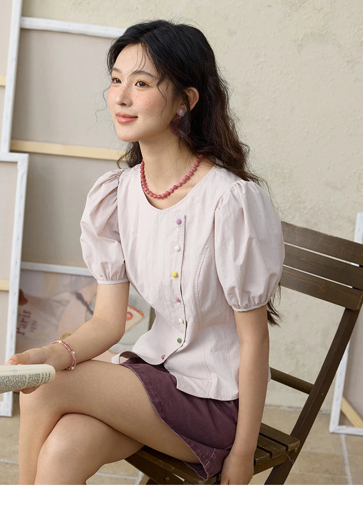 MISHOW Bubble Sleeve Blouse Irregular Placket Rainbow Buttons MXE34X1782