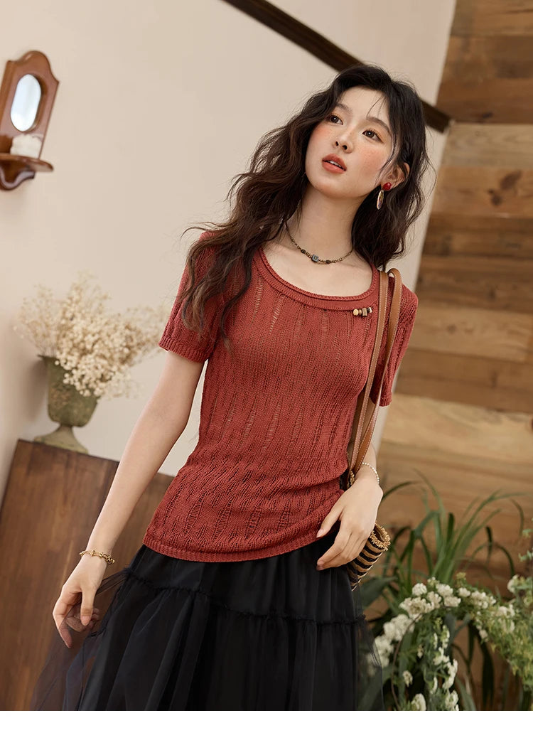 Mishow Retro Red Hollow Bead Knit Tee MXE35Z1271