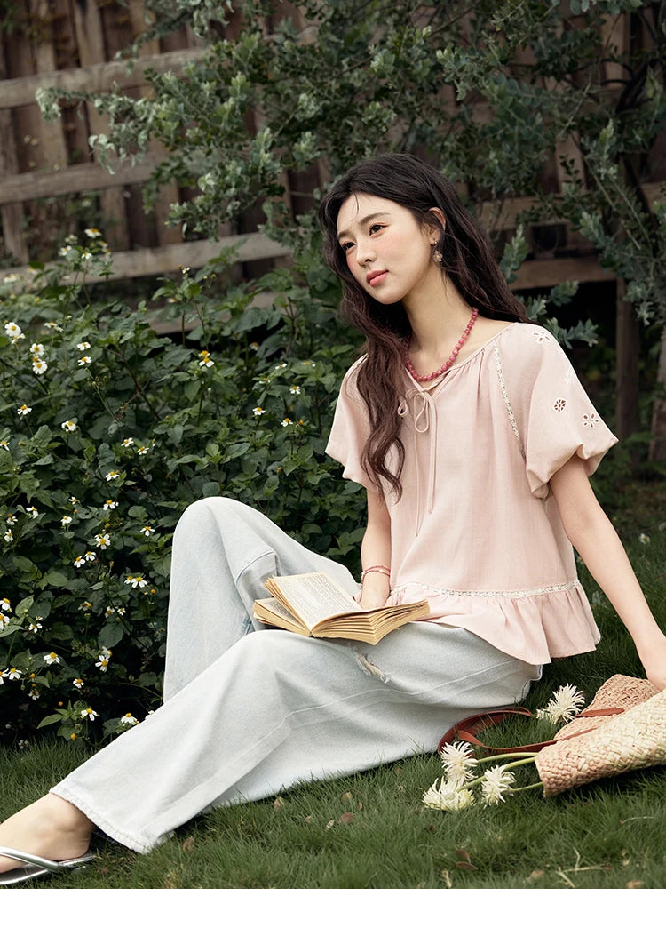 MISHOW Puff Sleeve Blouse Round Neck Hollow Embroidery MXE31X1747