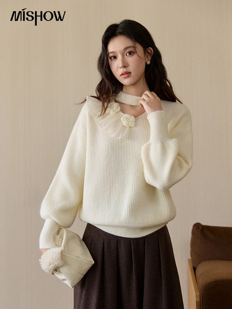 Mishow Cutout Neck Ruffle Flower Lantern Sleeve Pullover MXE94Z2982