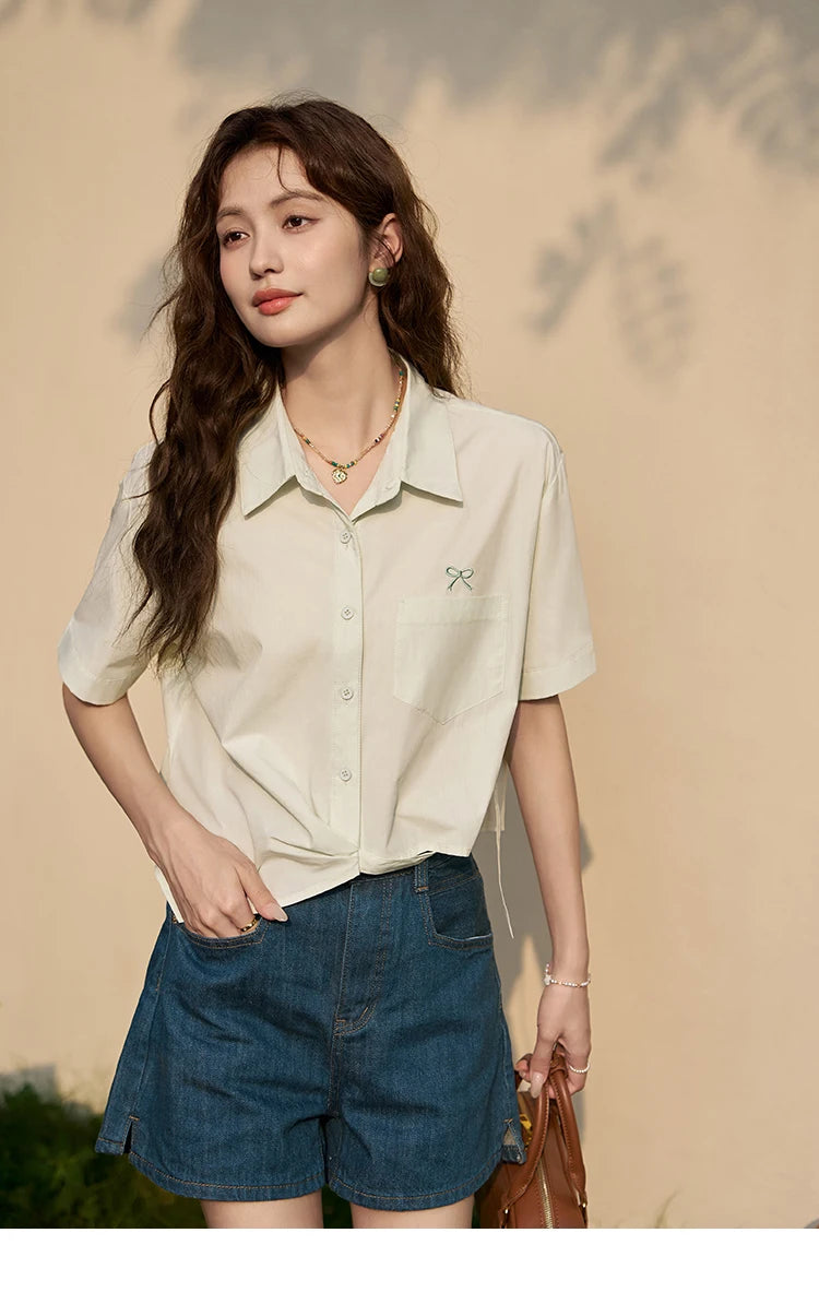 MISHOW Same Color Bow Embroidered Shirt Asymmetric Hem MXD23C0257