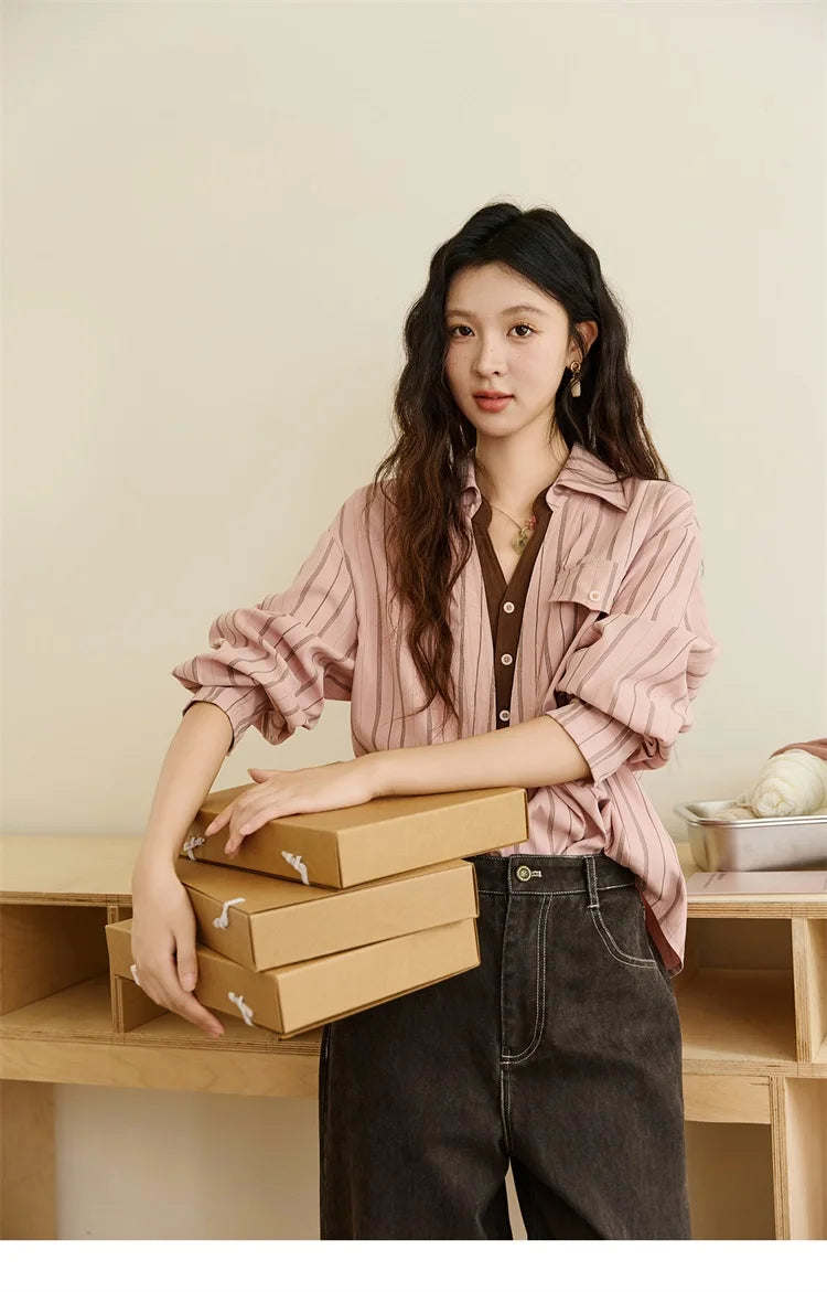 MISHOW Peach Skin Velvet Stripe Shirt Double Layered Collar MXE47C2408