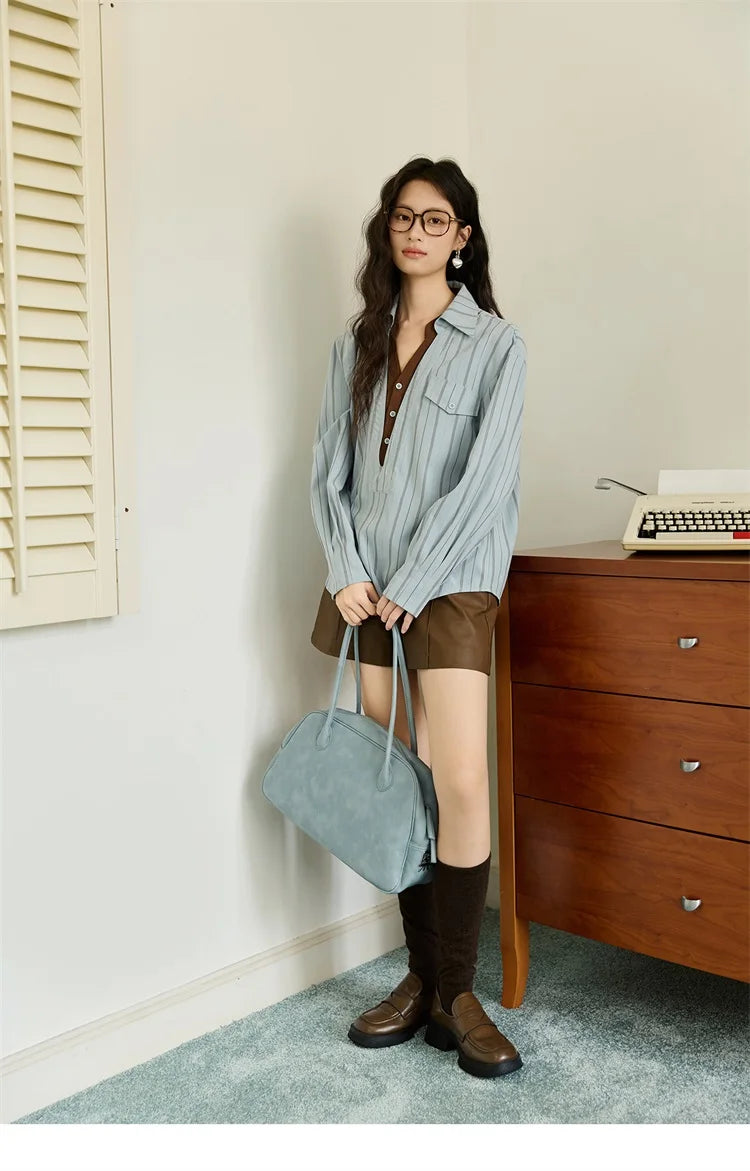 MISHOW Peach Skin Velvet Stripe Shirt Double Layered Collar MXE47C2408