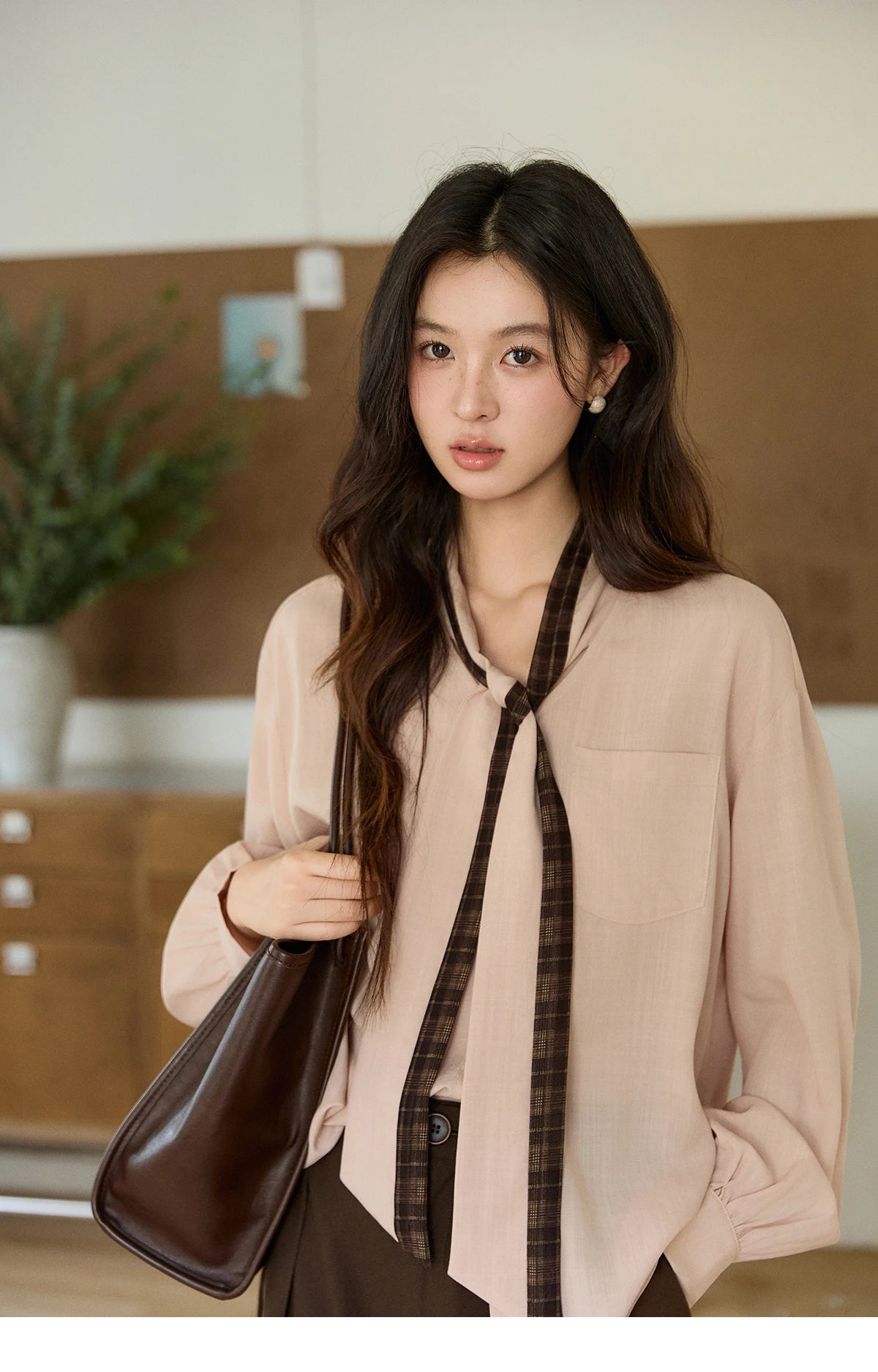 MISHOW Dusty Pink Shirt Plaid Tie Neck Lantern Sleeve MXF108C0817