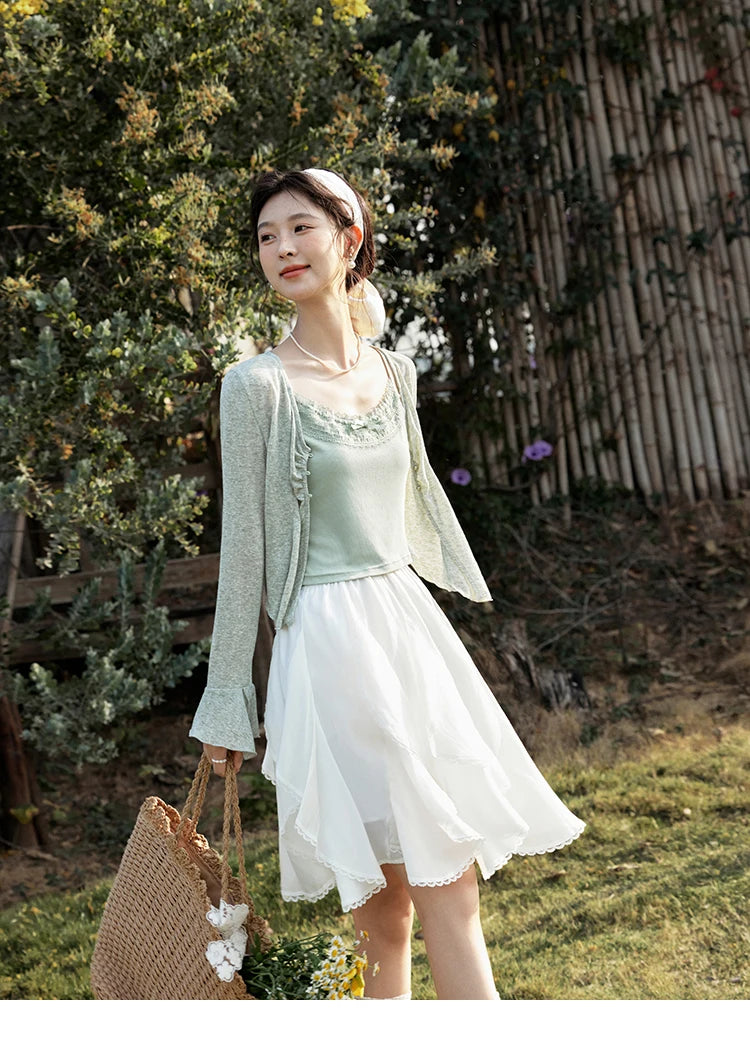 Mishow Light Green Lace Bow Camisole & Cardigan Set MXE15T0504