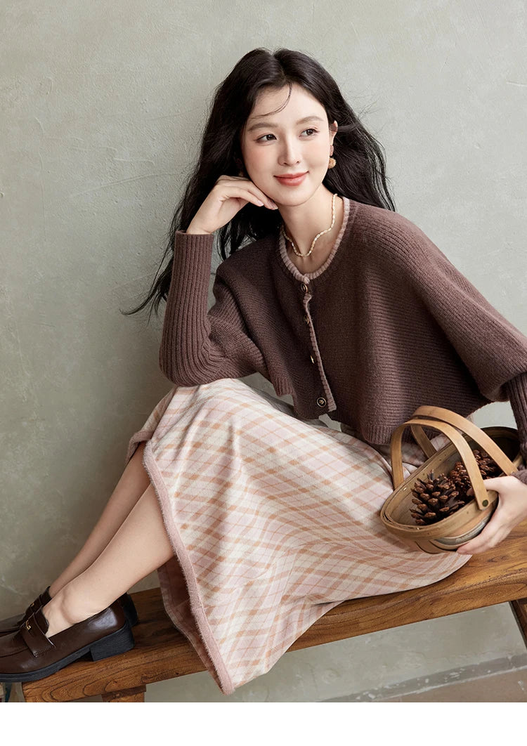 Mishow French Knitted Cardigan & Plaid Camisole Dress Set MXD43L2012
