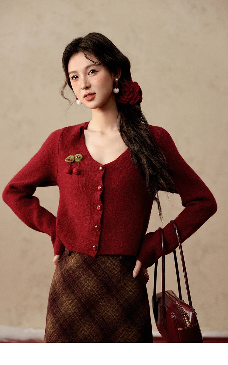Mishow Red Cherry Ornament Slim V-Neck Cardigan MXD112Z1006