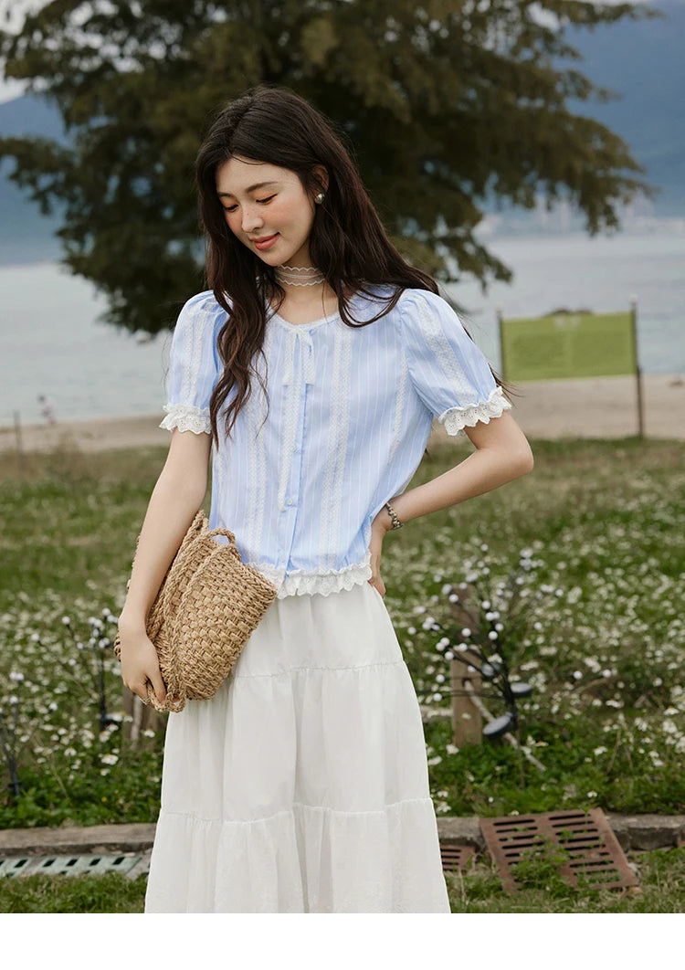 MISHOW Striped Blouse Short Puff Sleeve Lace Patchwork MXE32X1759