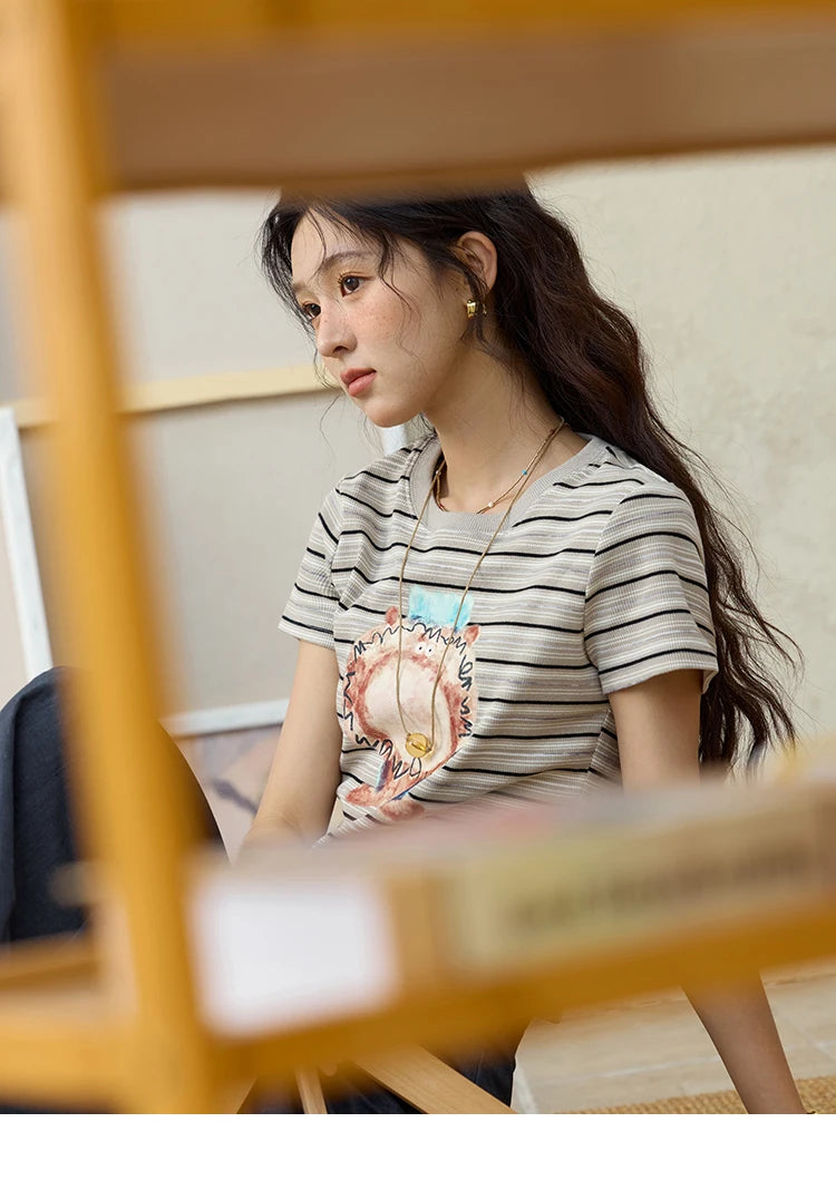 Mishow Striped Pufferfish Print Cotton Tee MXE32T0538
