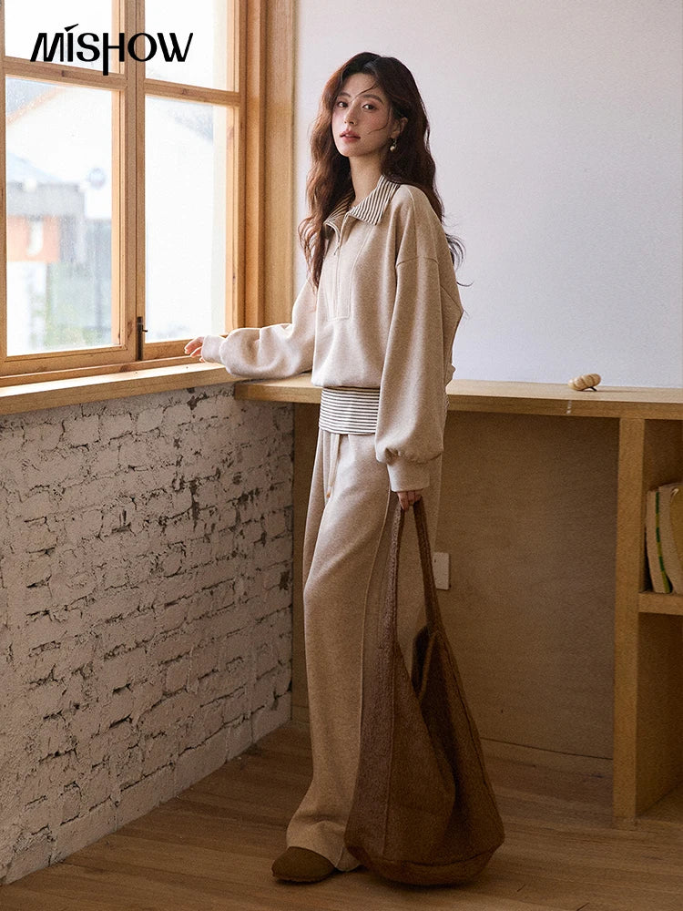 Mishow Retro Striped Lapel Half-Zip Sweatshirt & Wide Leg Pants Set MXE87T1425