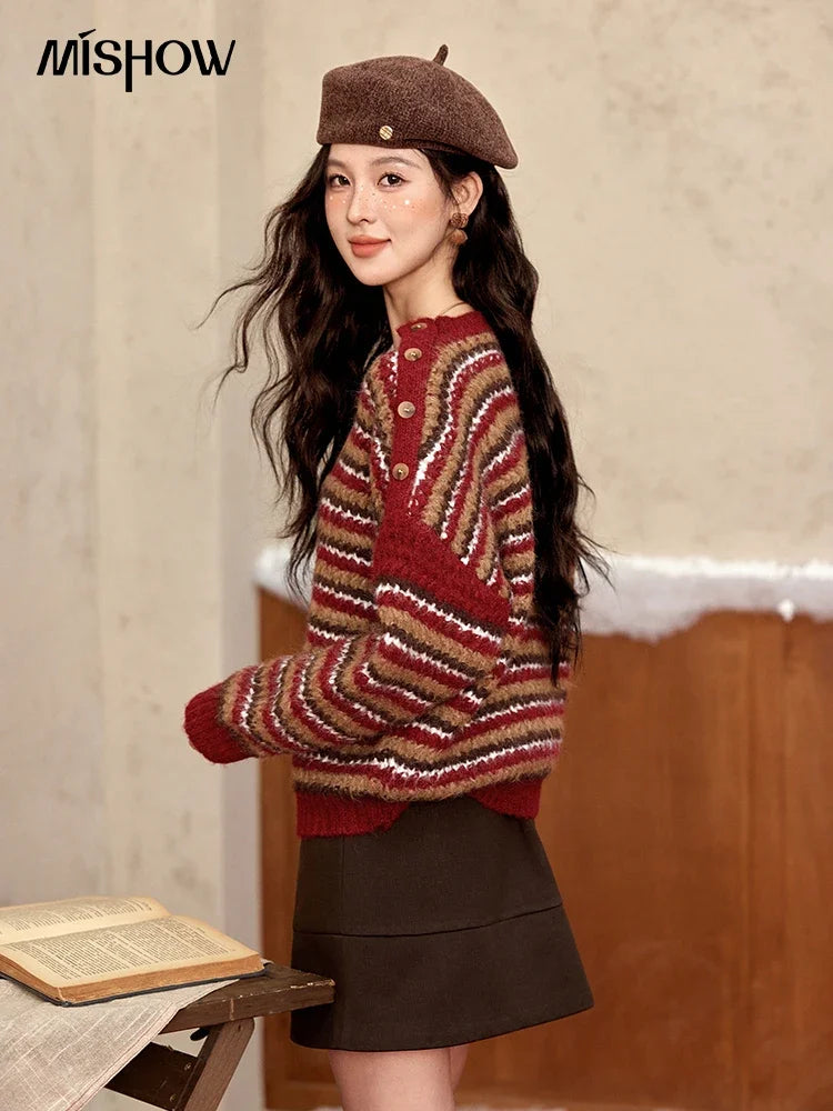 Mishow Christmas Retro Striped Wool Blend Button Sweater MXD59Z1060