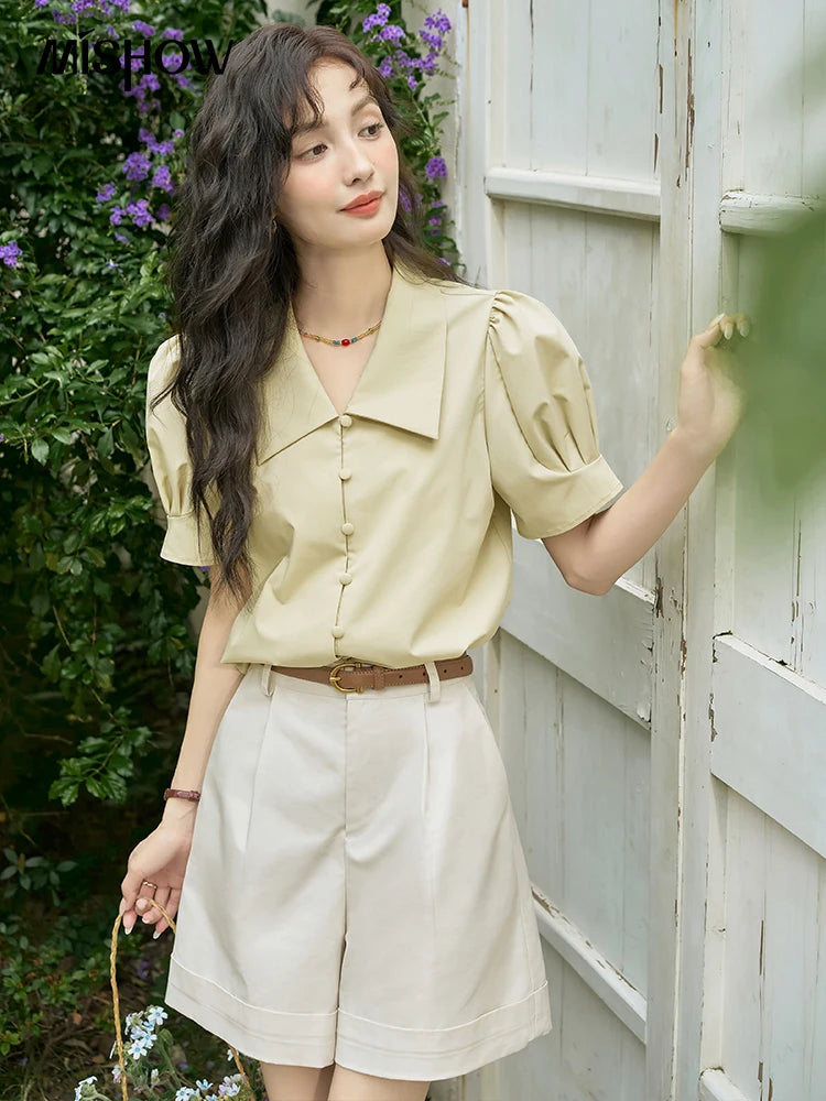 MISHOW Bubble Sleeve V-Neck Shirt Lapel Collar Loose MXD28X1471