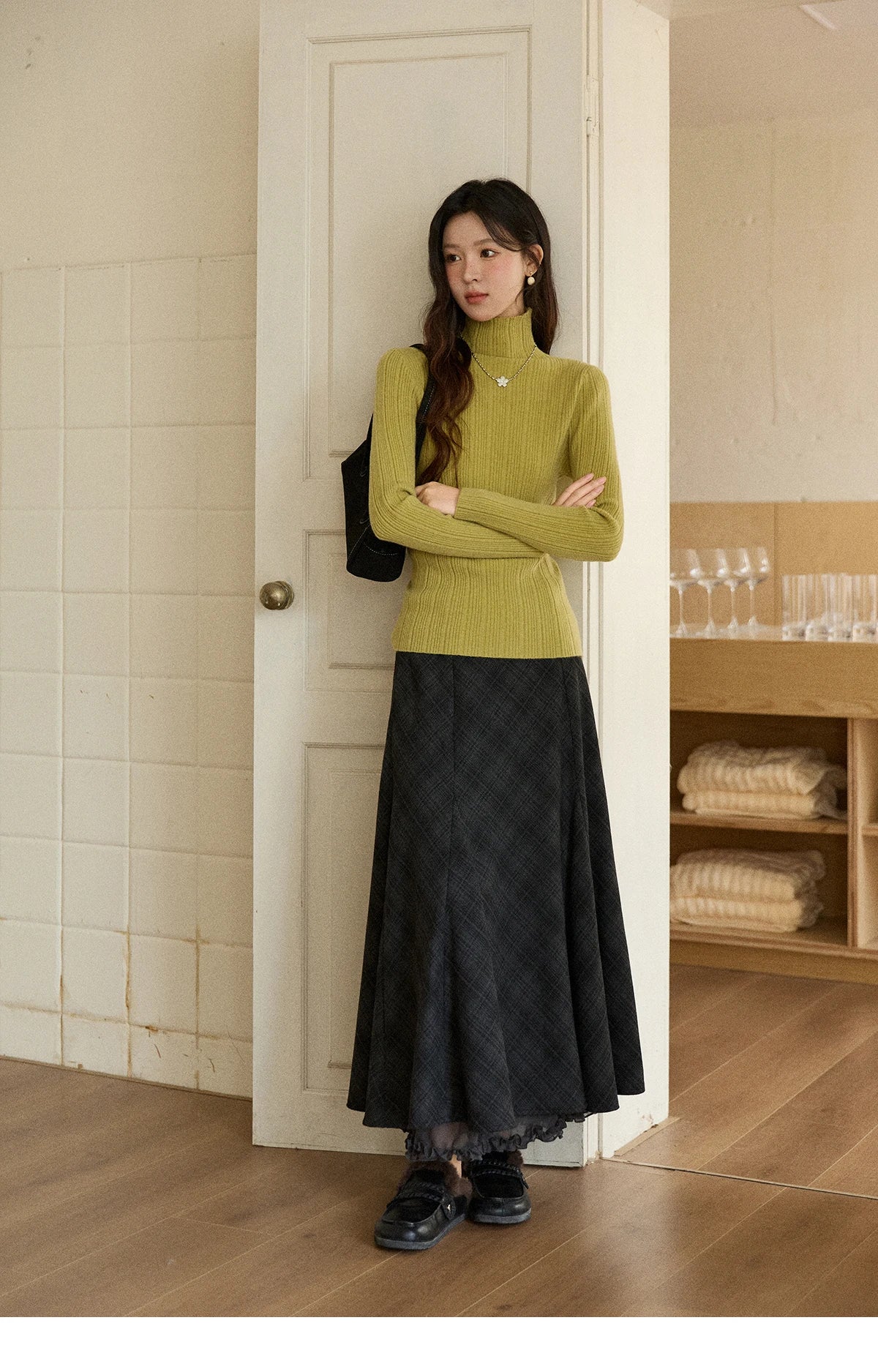 Mishow Solid Turtleneck Vertical Ribbed Slim Top MXE86Z2656