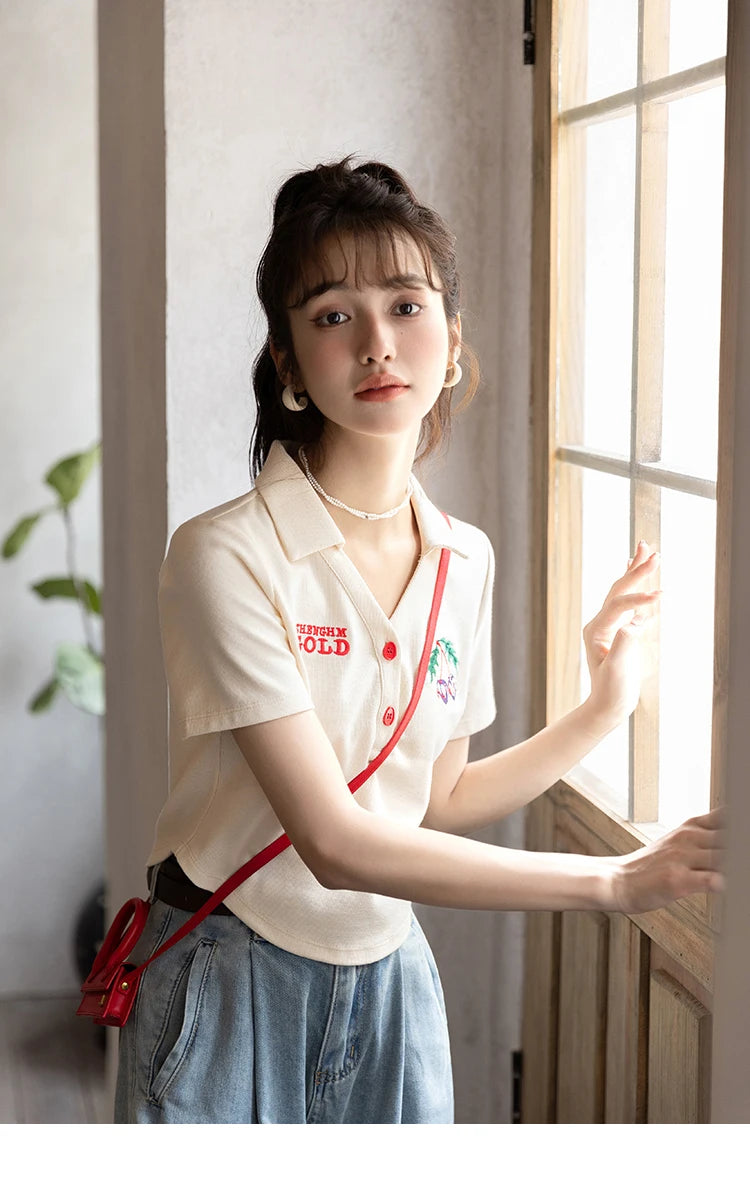 Mishow Korean Polo Collar Embroidery Letter Tee MXB32T0477