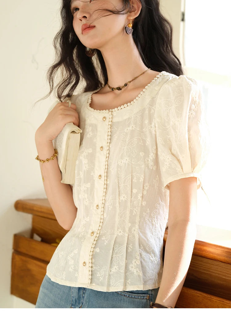 MISHOW Embroidery Cotton Shirt Puff Sleeve Button MXE39X1979