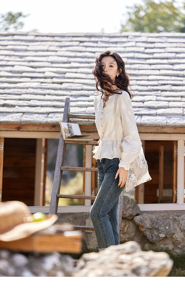 MISHOW Embroidered Lace Blouse V-Neck Drawstring MXE11X1708