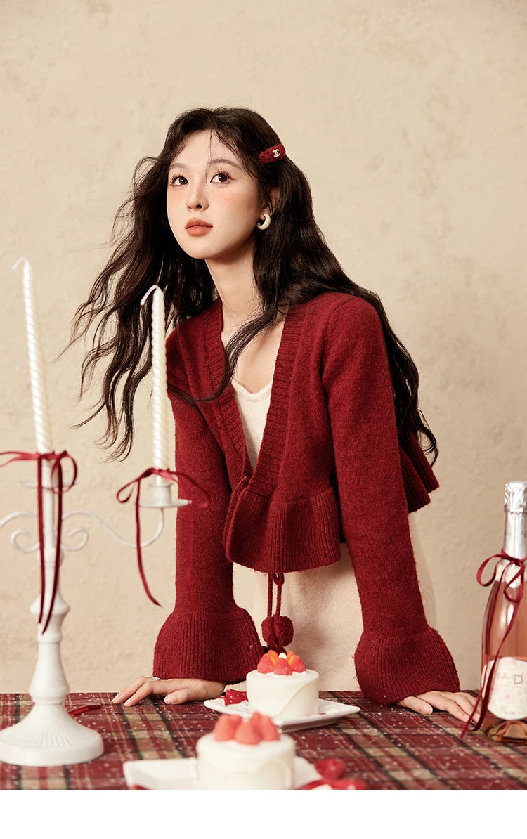 Mishow Pom-Pom Lace-Up Cardigan & Ruffle Strap Dress Set MXD59L2133