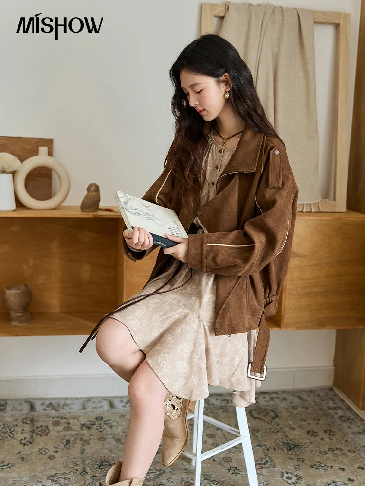 MISHOW Brown Suede Short Jacket Split Turn Down Collar MXE48W0850