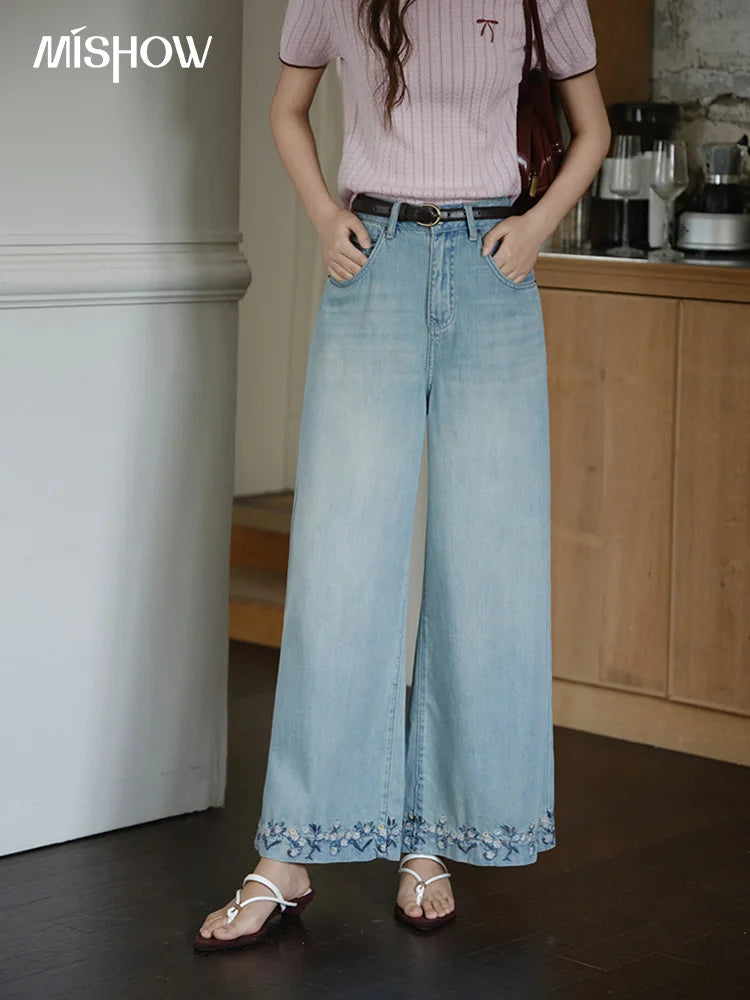 Mishow Flower Embroidery High Waist Wide Leg Jeans MXE37K0991