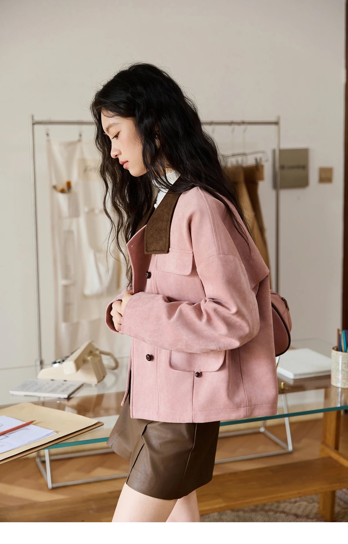 MISHOW Pink Coffee Suede Jacket Stand Collar Contrast Color MXE48W0851