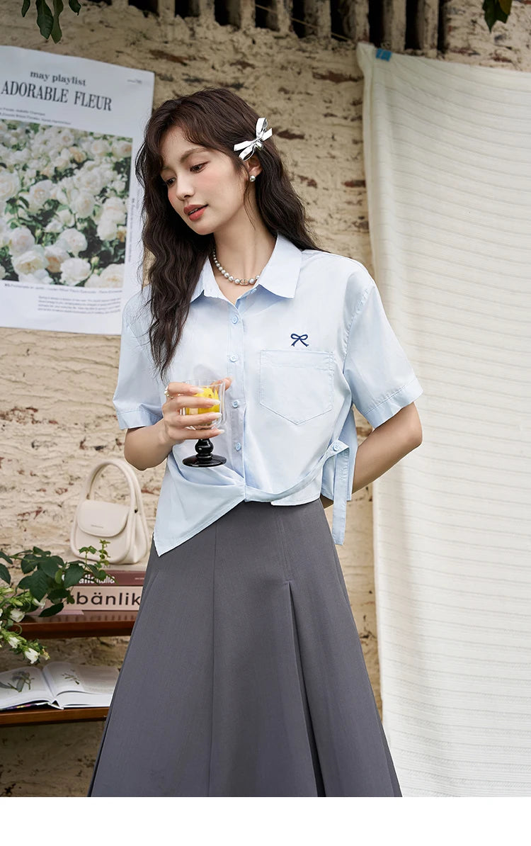 MISHOW Same Color Bow Embroidered Shirt Asymmetric Hem MXD23C0257