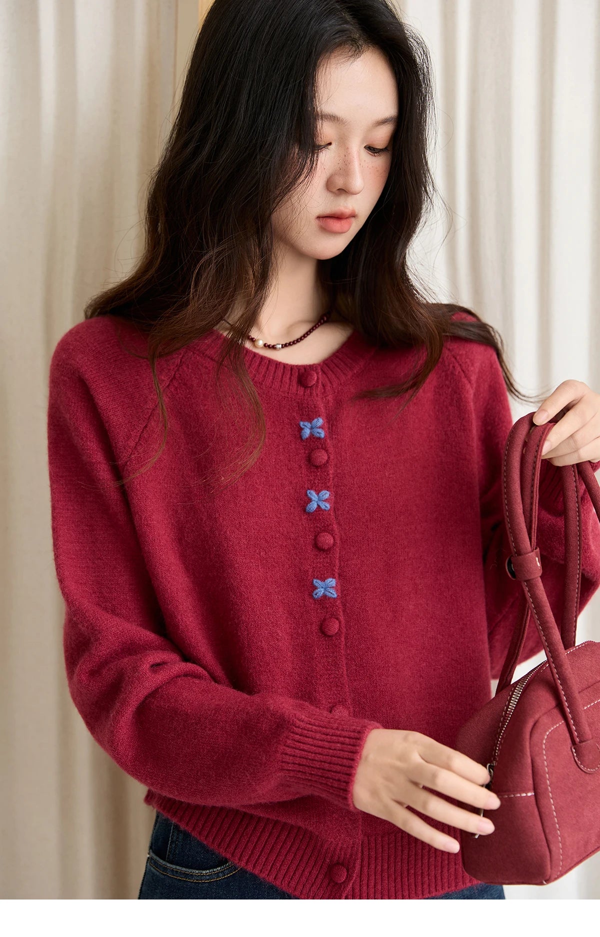 Mishow Red Round Neck Embroidered Cardigan MXE47Z2621