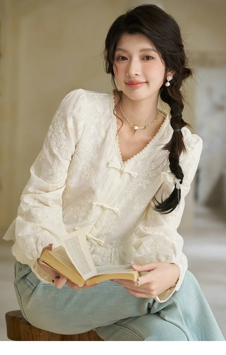 MISHOW Chinese Lace Blouse V-Neck Embroidery MXD14X1433