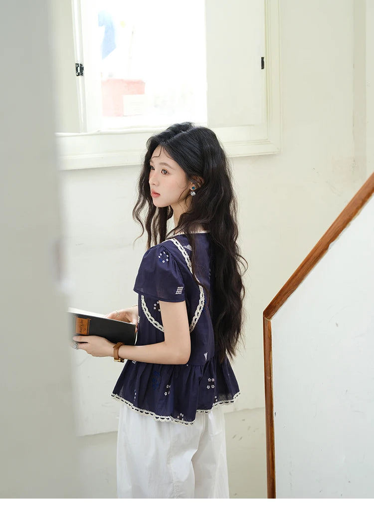 MISHOW O-Neck Spliced Lace Blouse Embroidery Flower MXE39X1965