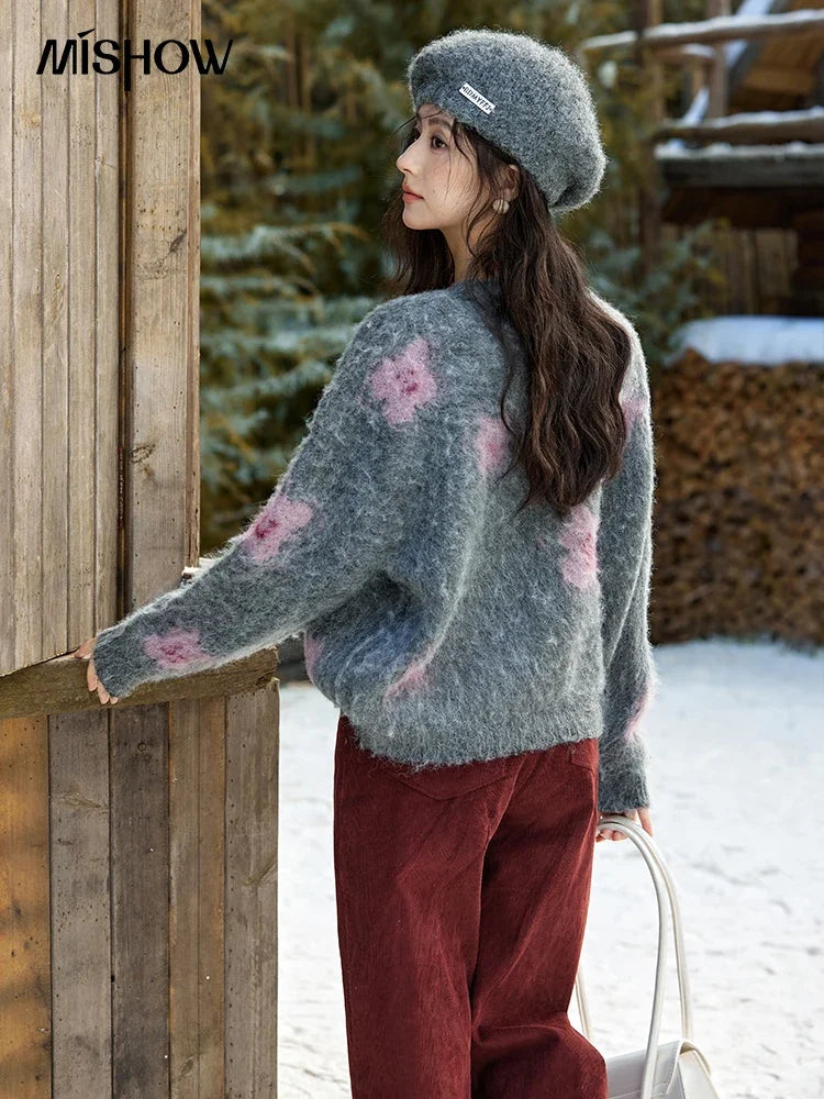 Mishow Wool Yarn Plush Fur Flower O-Neck Pullover MXD56Z1001