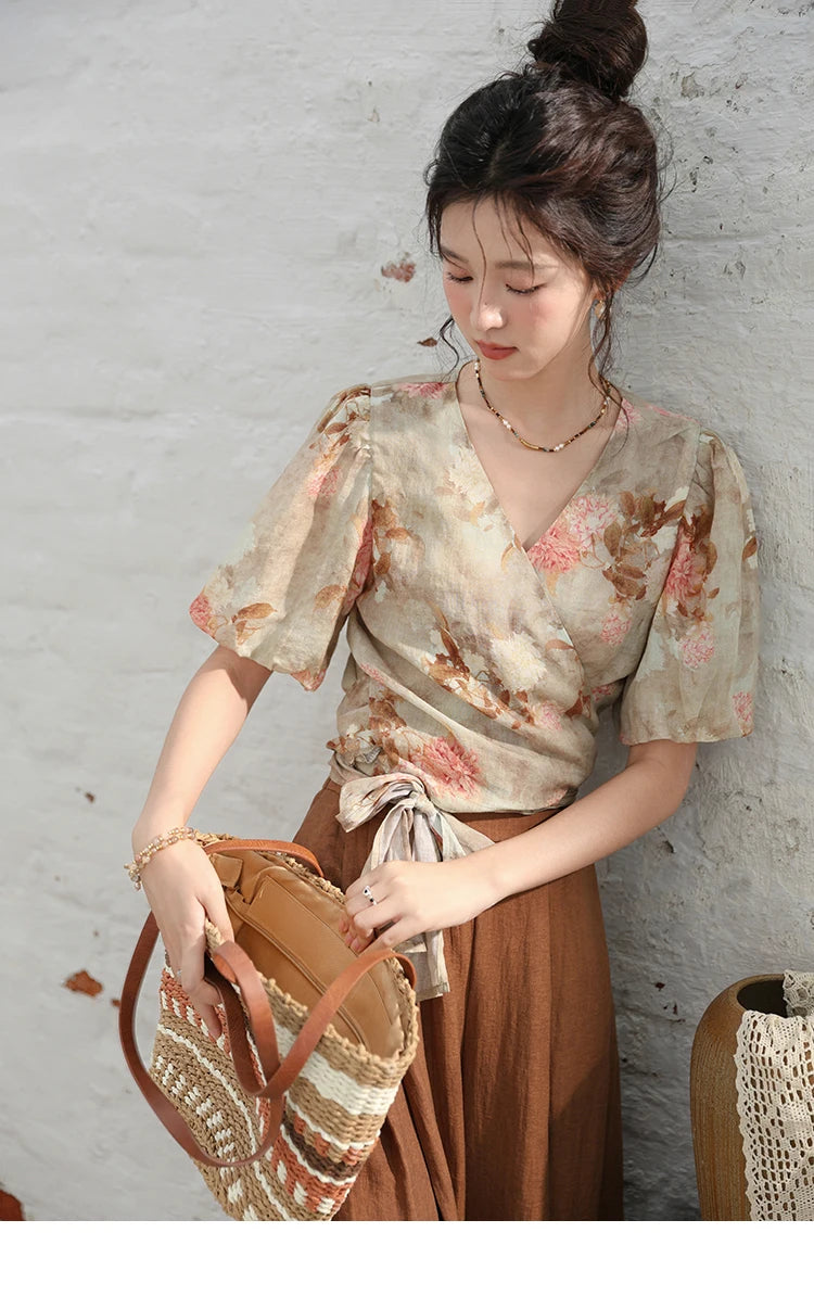 MISHOW French V-Neck Floral Puff Sleeve Blouse MXD28X1619