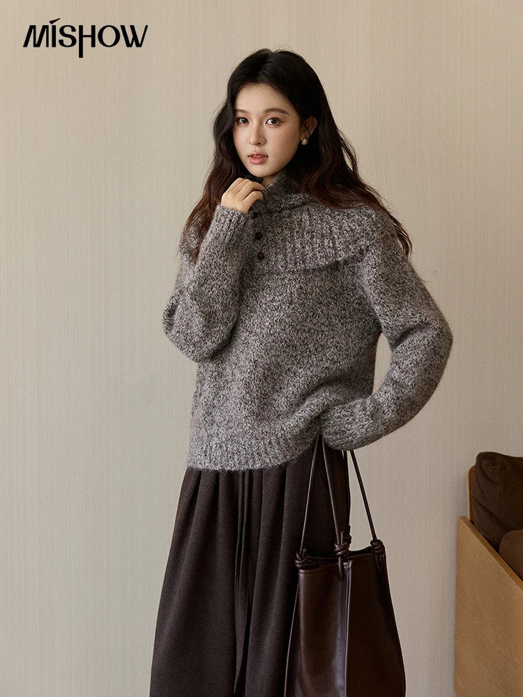 Mishow Gray Textured Button Sweater with Neckwear Scarf MXE94Z2978