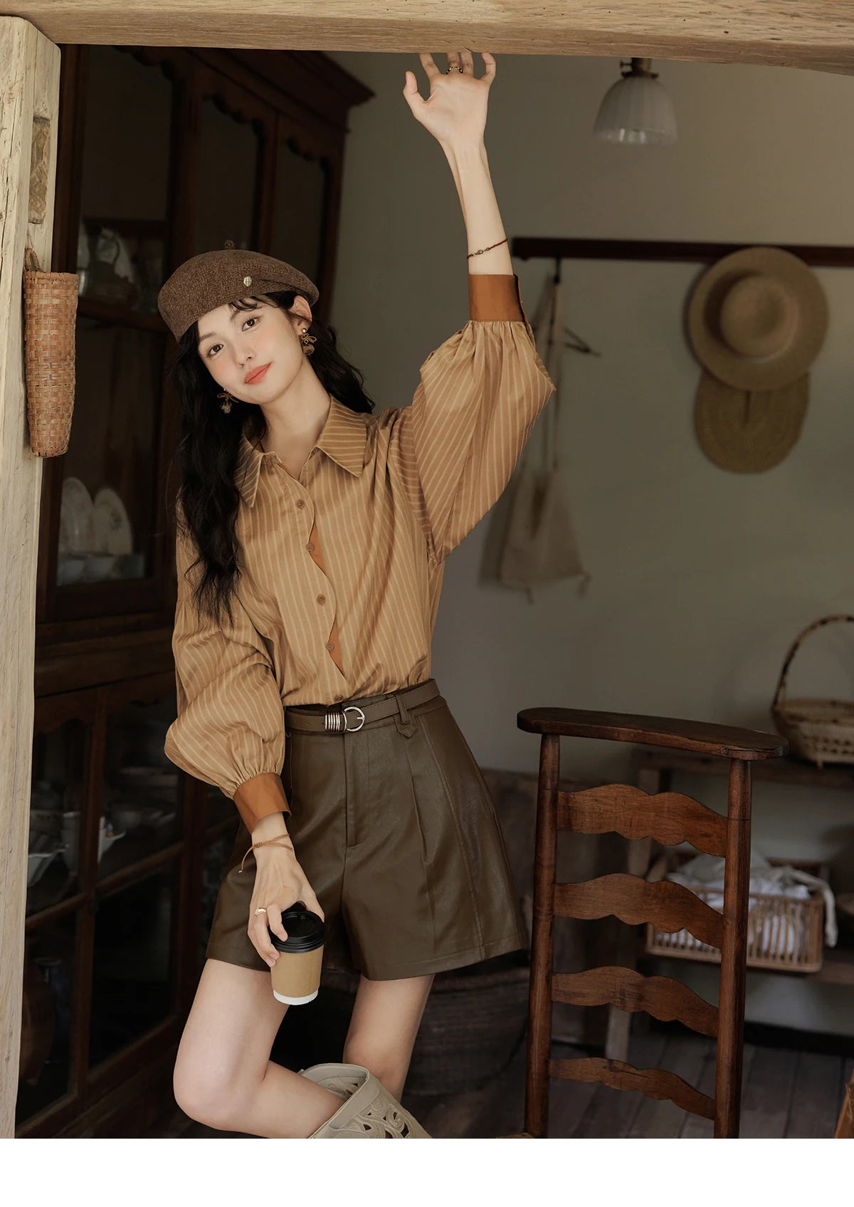 MISHOW Women's Striped Casual Shirt Retro Lapel Contrasting Cuffs MXD42C0301