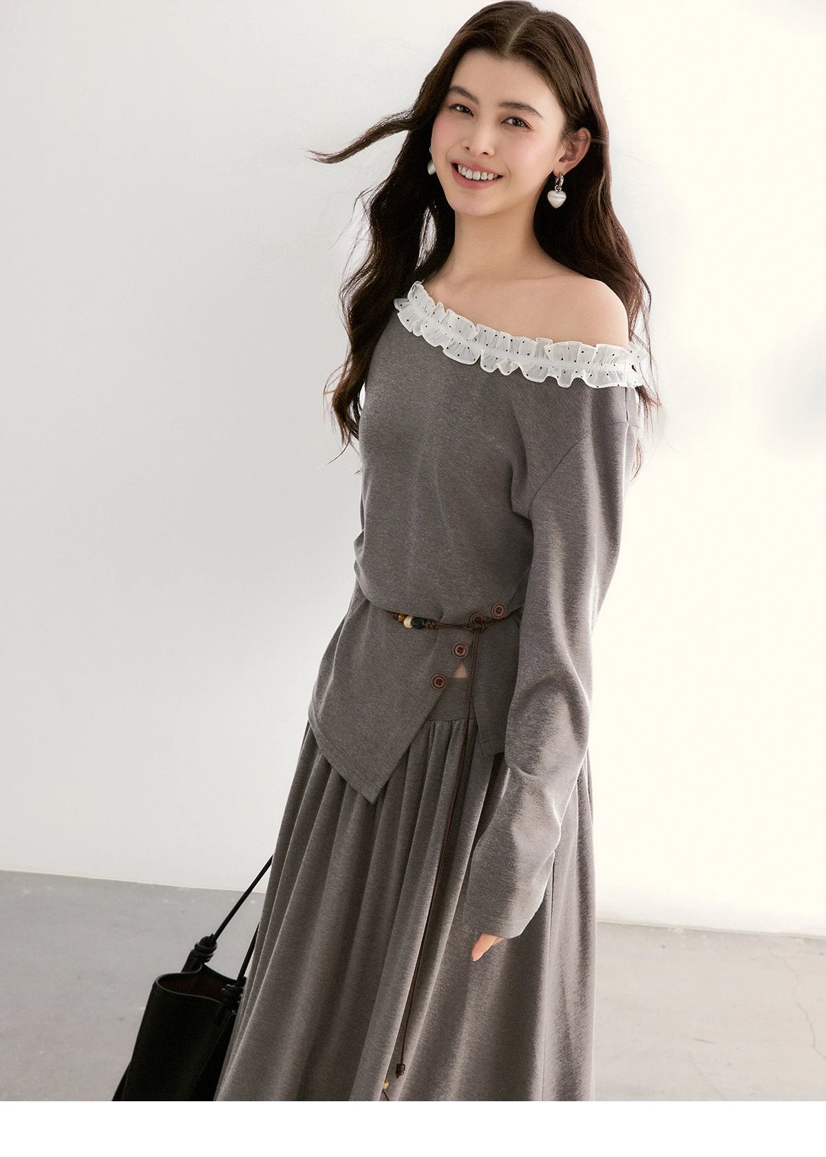 Mishow Grey Off-Shoulder Lace Trim Top & Maxi Skirt Set MXF13T1479