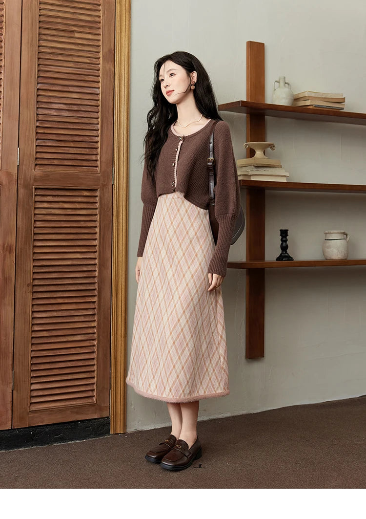 Mishow French Knitted Cardigan & Plaid Camisole Dress Set MXD43L2012