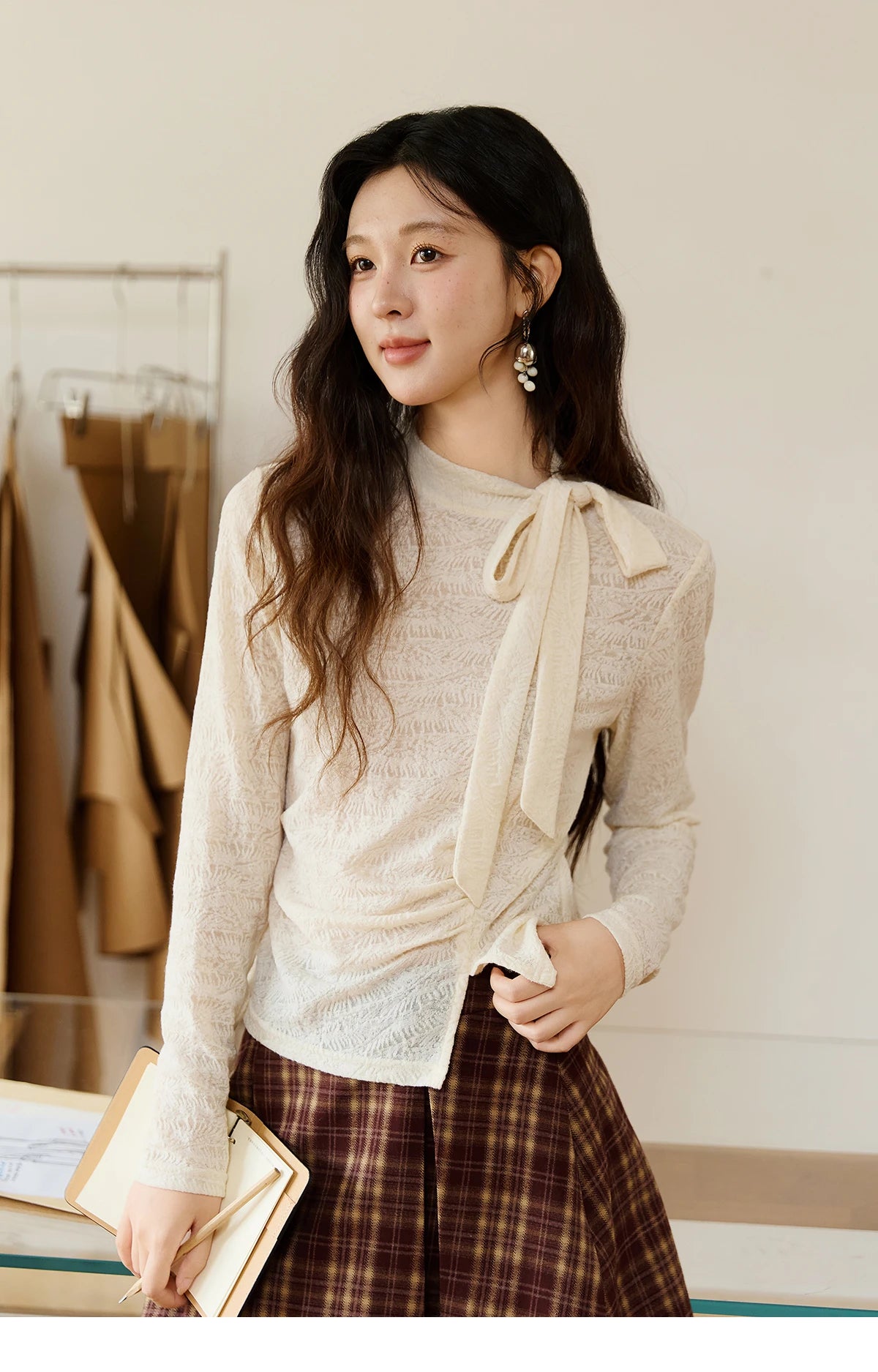 Mishow Apricot Retro Stand Neck Lace Up Bow Top MXE45Z1382