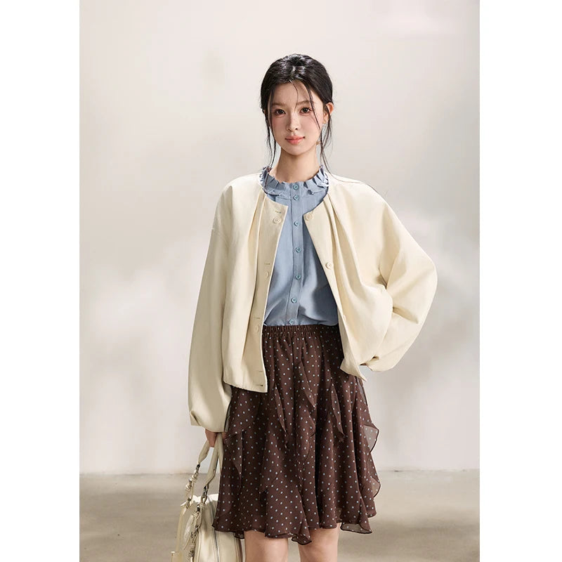 MISHOW Imitation Protein Skin Leather Jacket Ruffled Collar Button-Up MXF108W1019