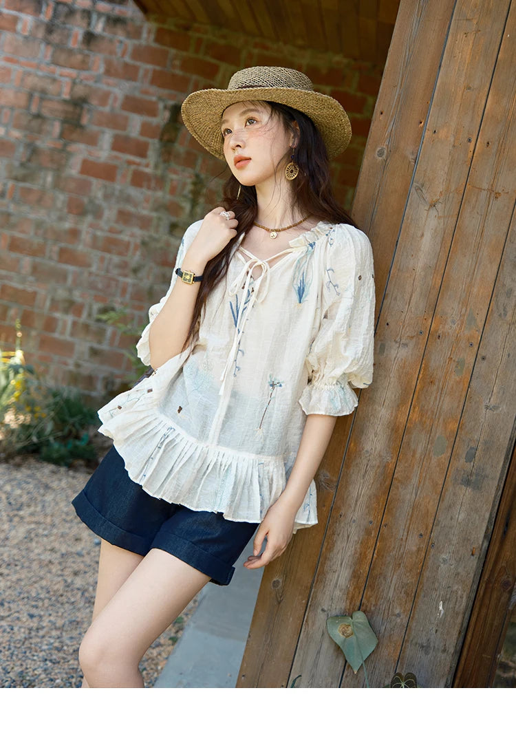 MISHOW V-Neck Lace Up Blouse Embroidery Mushroom Edge MXE39X1959