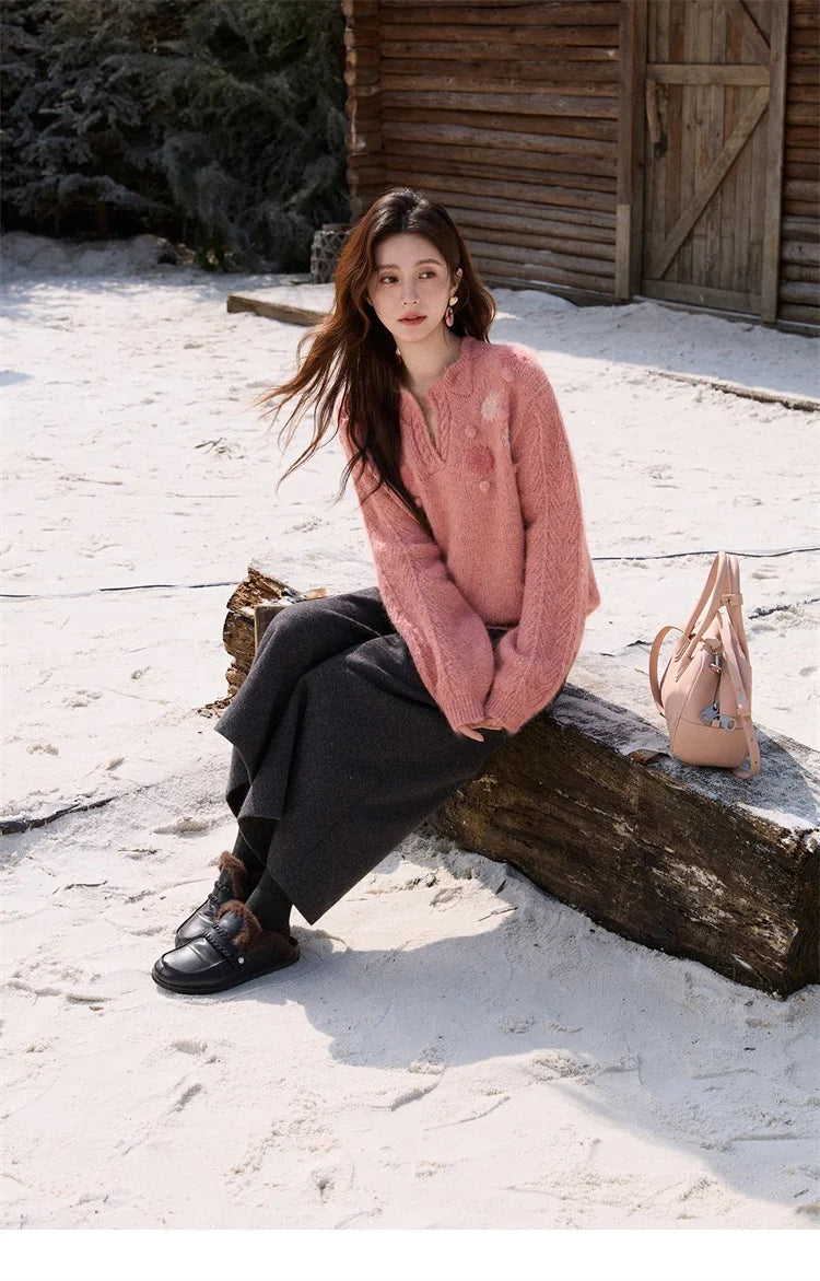 Mishow Raspberry Pink Floral Pom-Pom V-Neck Sweater MXE86Z2740