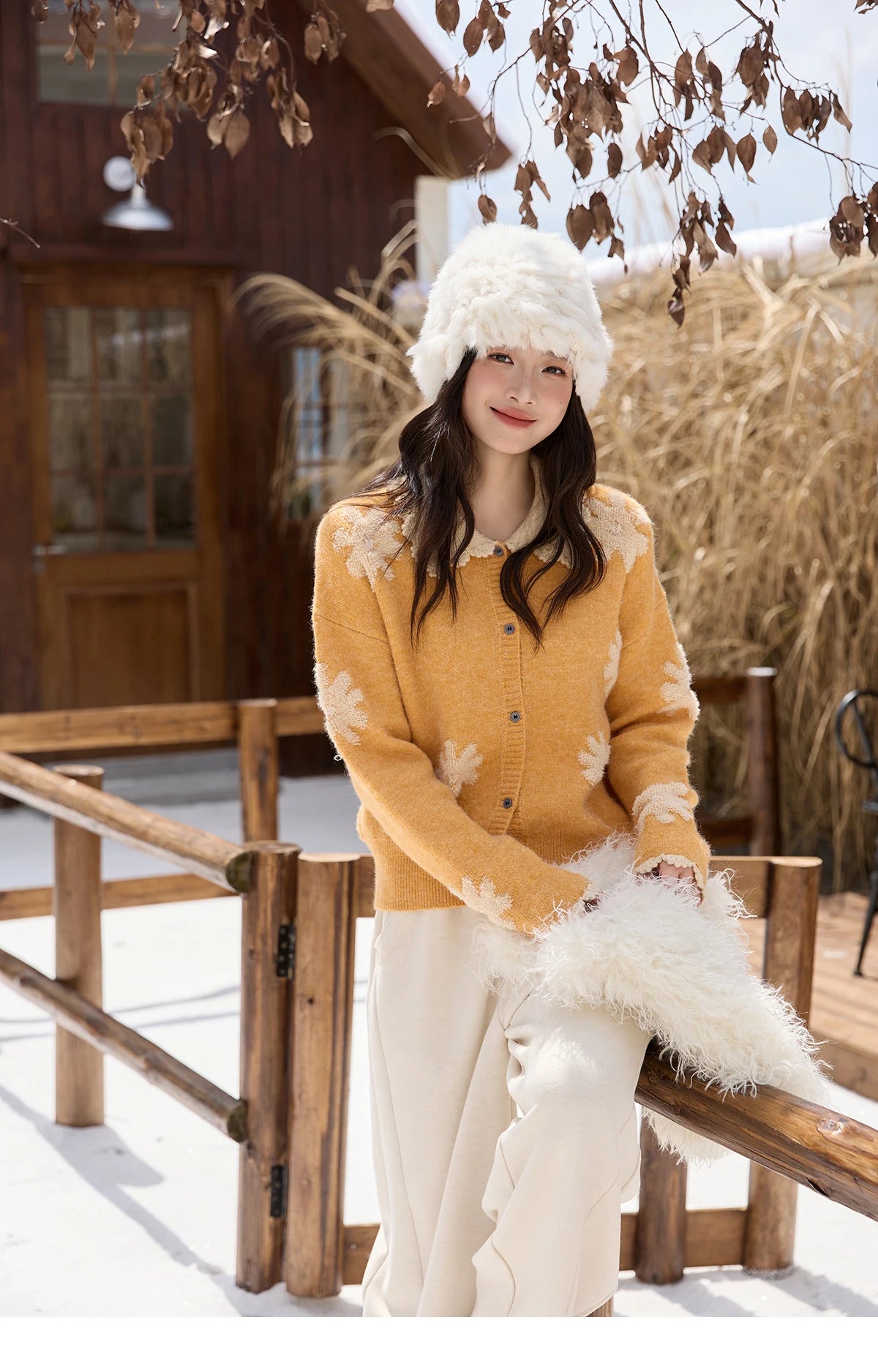 Mishow Yellow Retro Jacquard Turn-Down Collar Cardigan MXE88Z2691