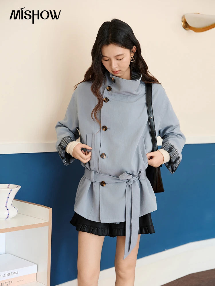 Mishow Blue Plaid Two-Sided Trench Coat MXE48W0871