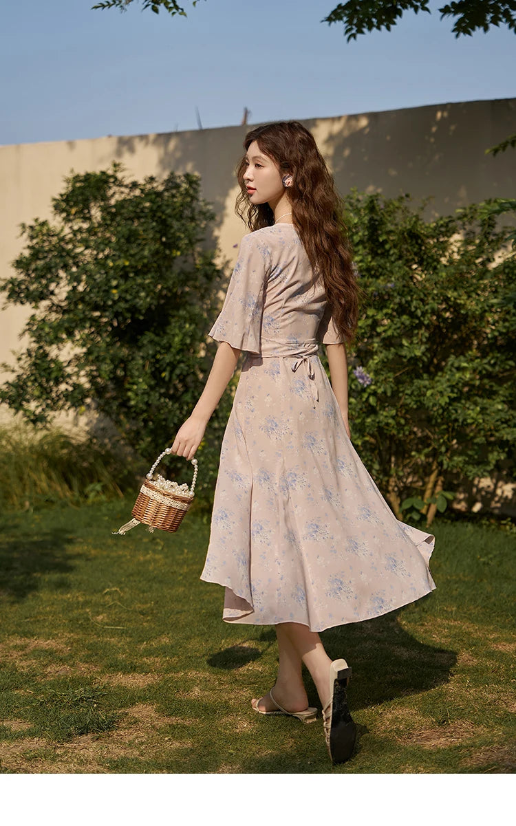 Mishow French Floral Puff Sleeve Lace-Up Dress MXC38L1413