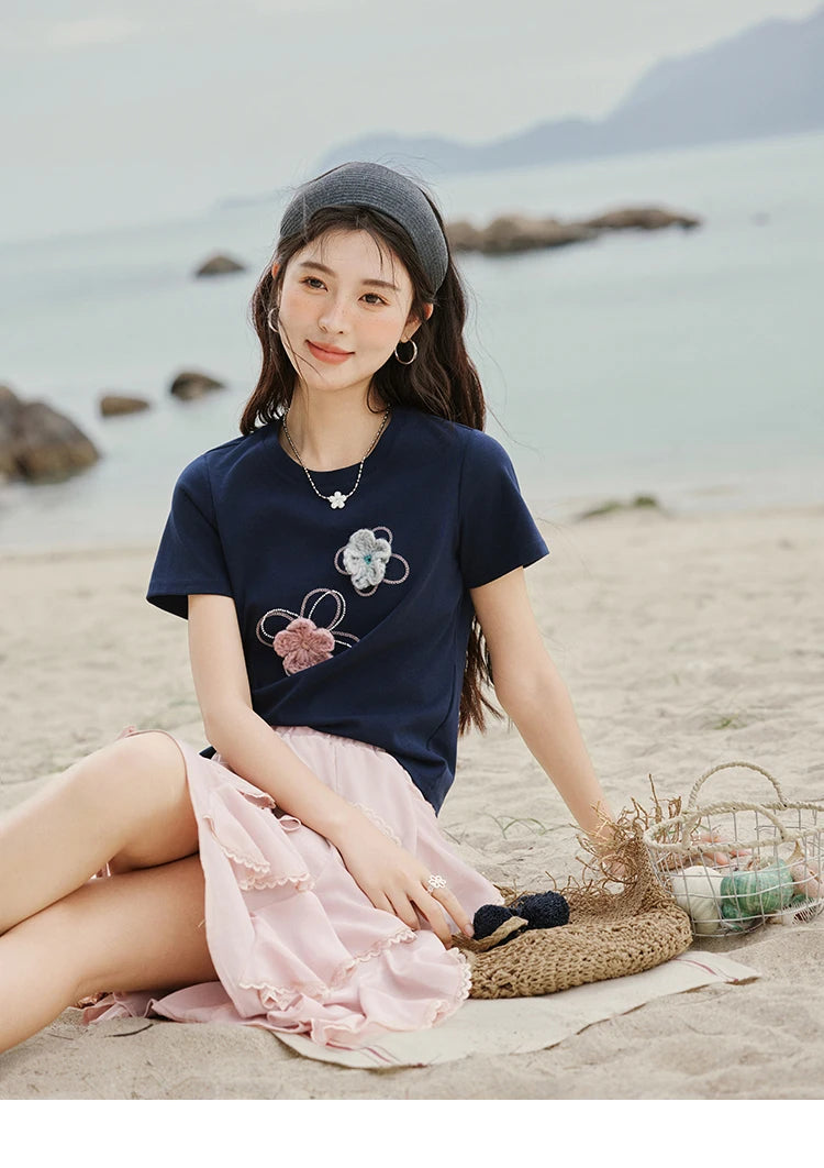 Mishow Flower Beaded Round Neck Tee MXE33T0499