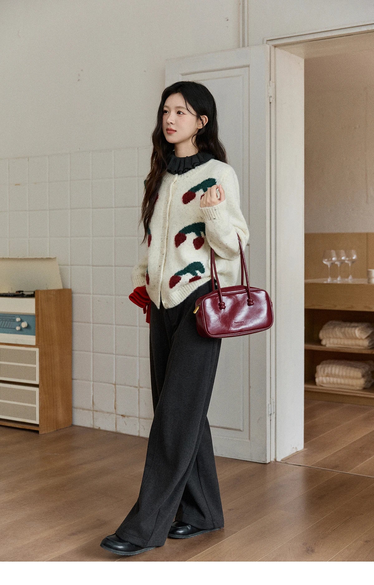 Mishow Cherry Jacquard Flecked Drop Shoulder Cardigan MXE91Z2837