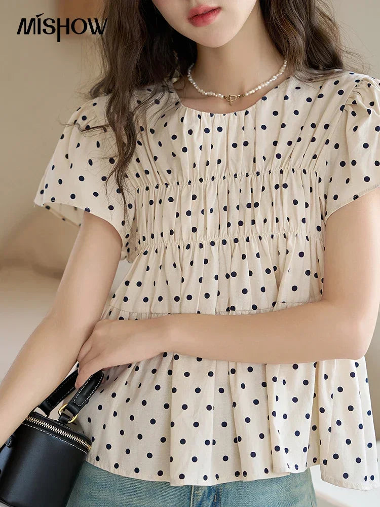 MISHOW Polka Dot Blouse Flying Sleeve O Neck Elastic Folds MXC39X1291