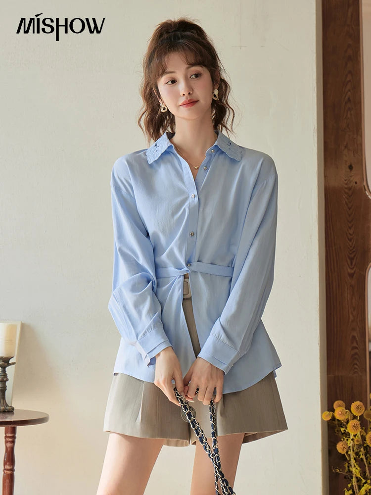 MISHOW Casual Loose Shirt Embroidery Hollowed Out Turn-Down Collar MXC41C0077