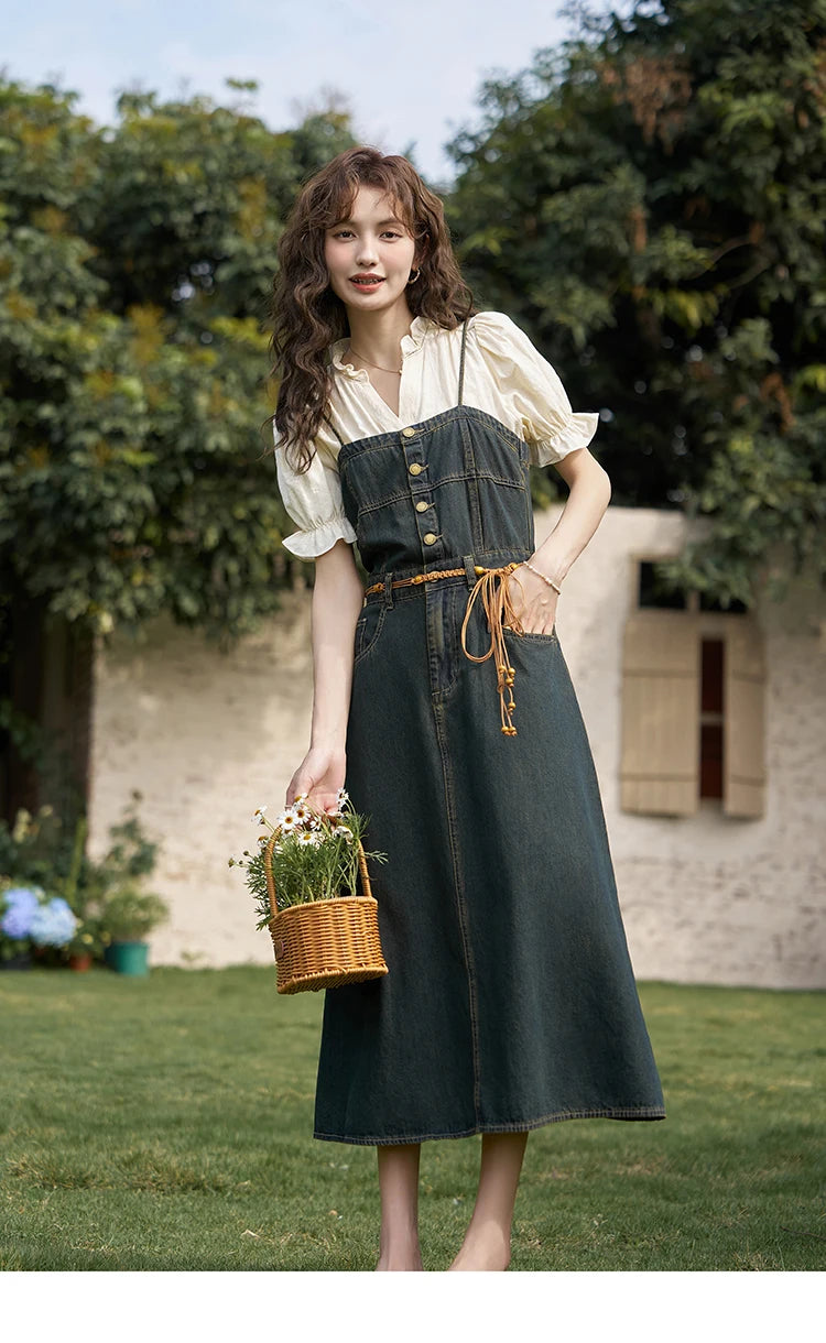 MISHOW Denim Suspender Dress & Puff Sleeve Blouse Set MXD21L1664
