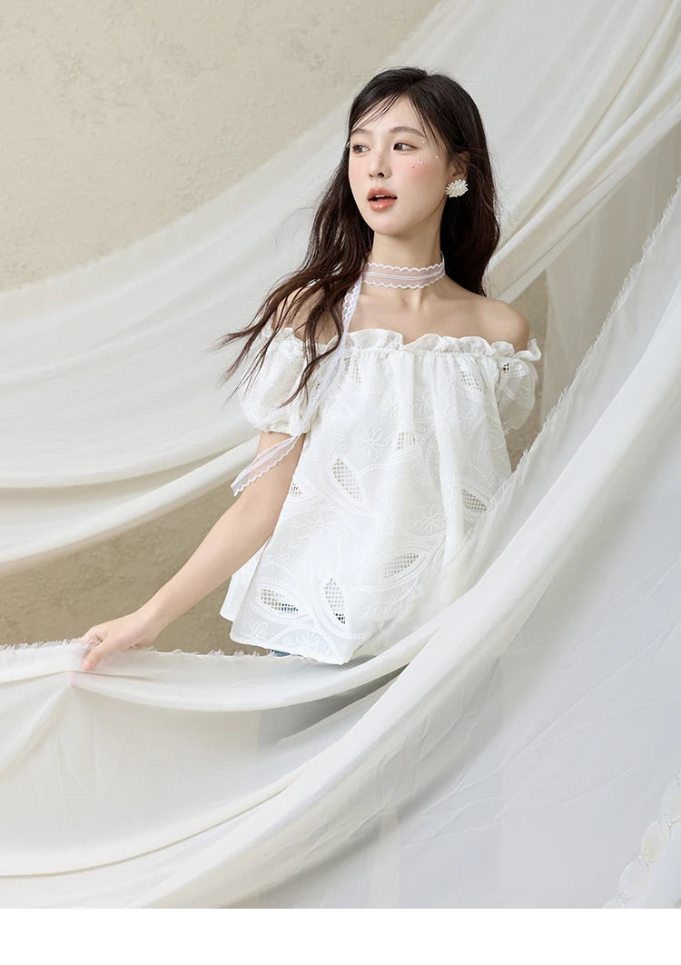 MISHOW Slash Neck Lace Blouse Short Sleeve Solid MXE35X1775