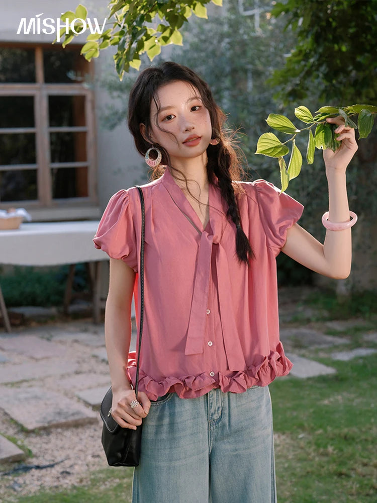 MISHOW V-Neck Puff Sleeve Blouse Lace Up Button Sweet MXE38X1914