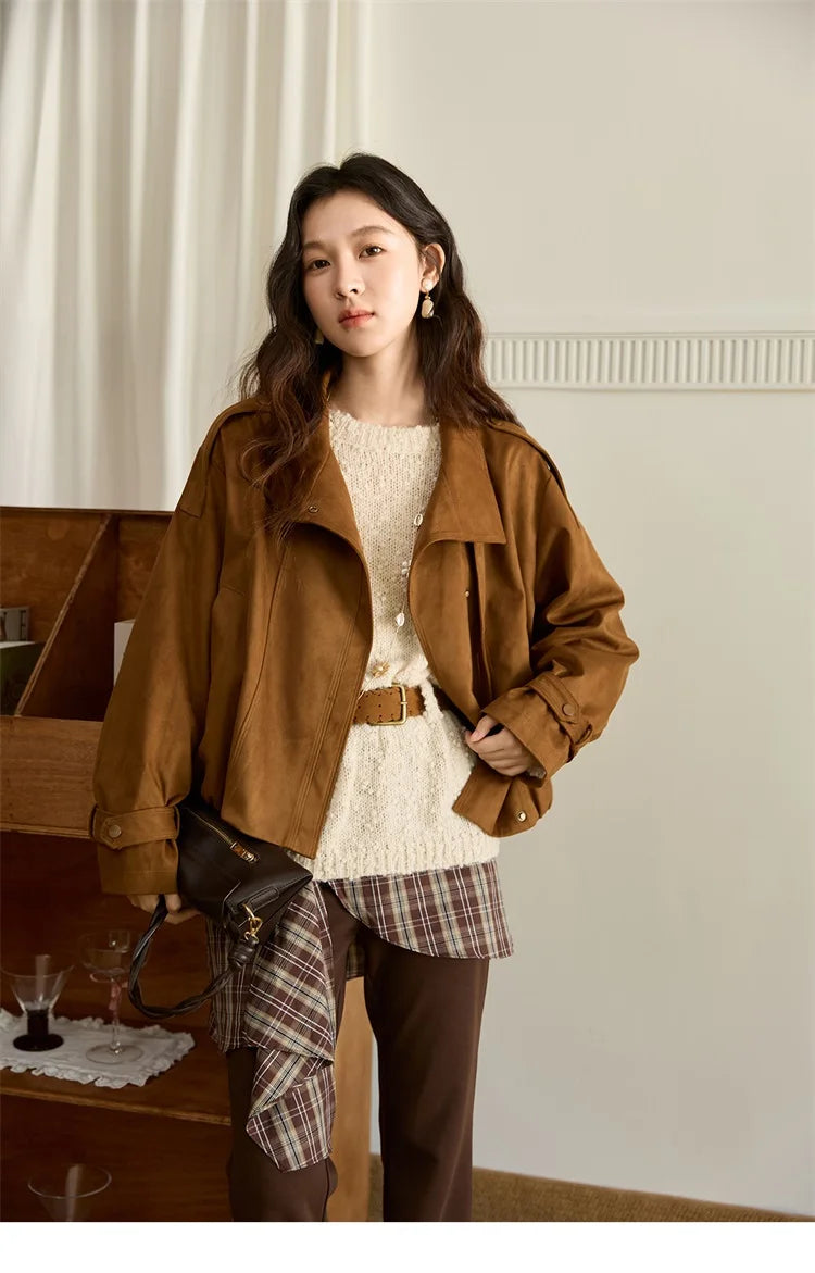 MISHOW Vintage Suede Short Jacket Brown Lapel Zipper MXE45W0869